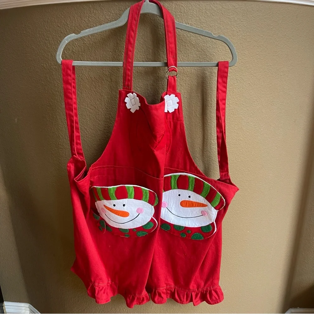 Snowman Apron with Pockets by Ritz Unisex Red Cotton Apron